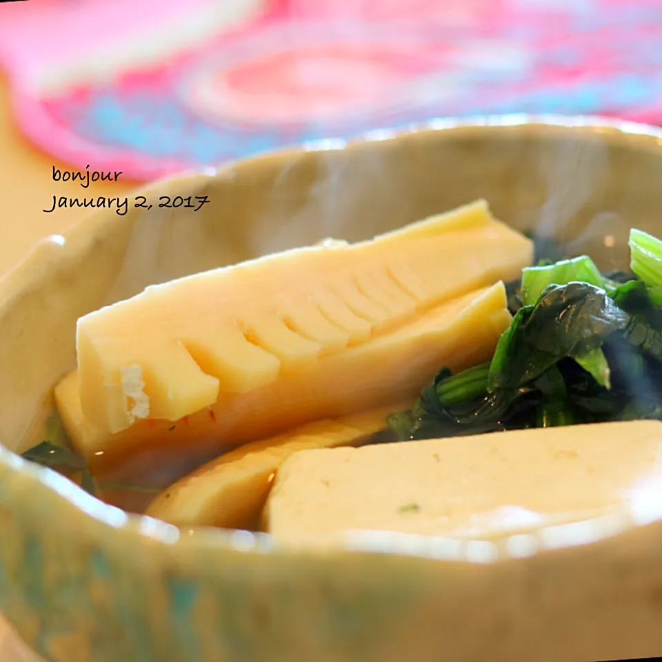 筍とほうれん草 豆腐の含め煮❣️あご出汁で😊|yasuko murakamiさん