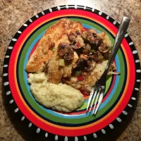 Snapdishの料理写真:Tilapia w/Mushrooms, Onions & peppers. Served with Parmesan Grits & Shredded Potatoes