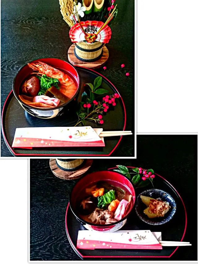 Snapdishの料理写真:元日は海老を入れ忘れ今日は鶏肉と人参を添え忘れの『どうした自分』…そんな福岡のお雑煮(⁎˃ᴗ˂⁎)|mizuu_plusさん