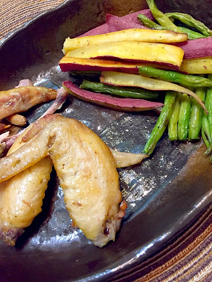 #day 27 dinner
Baked chicken, stir fried gr beans and sweet potato|Kyashiiさん