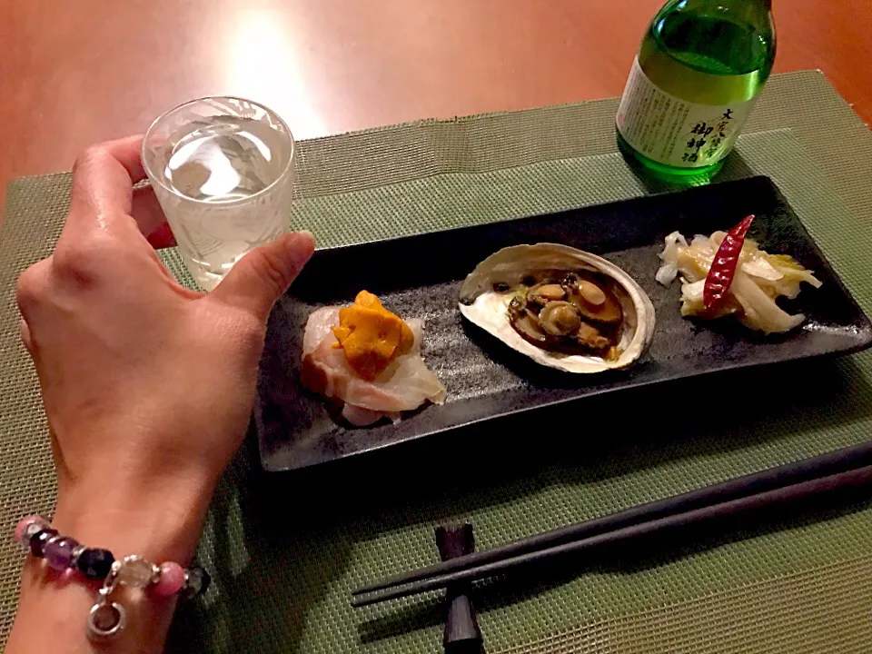 前菜🍶お刺身<白身&雲丹>･ﾄｺﾌﾞｼの煮物･白菜の柚子漬け|🌈Ami🍻さん