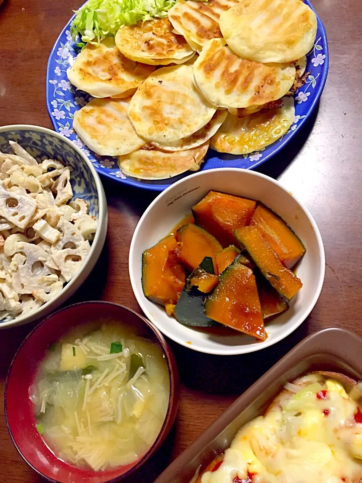 ハムの餃子の皮包み焼き  蓮根サラダ  南瓜煮  味噌汁  残りのハムのグラタン風|掛谷節子さん