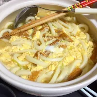 Snapdishの料理写真:長ねぎとおあげさんのかきたま鍋焼きうどん。|ゆえさん