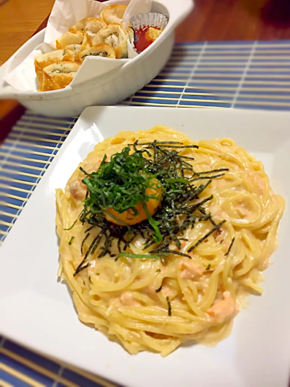 #クリームパスタ
#鮭
#明太子
#ベーコンチーズ揚げ|しろめしさん