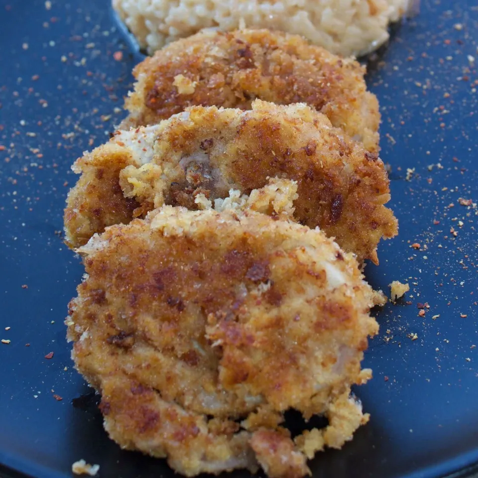 Snapdishの料理写真:Rabble de Lapin à la Moutarde Panés, Risotto au Parmesan et Tuile croustillante de Parmesan.(breadcrumbed Mustard Rabbit, Parmesan Risotto Parmesan Crispy Tile)|PHILIPPEさん