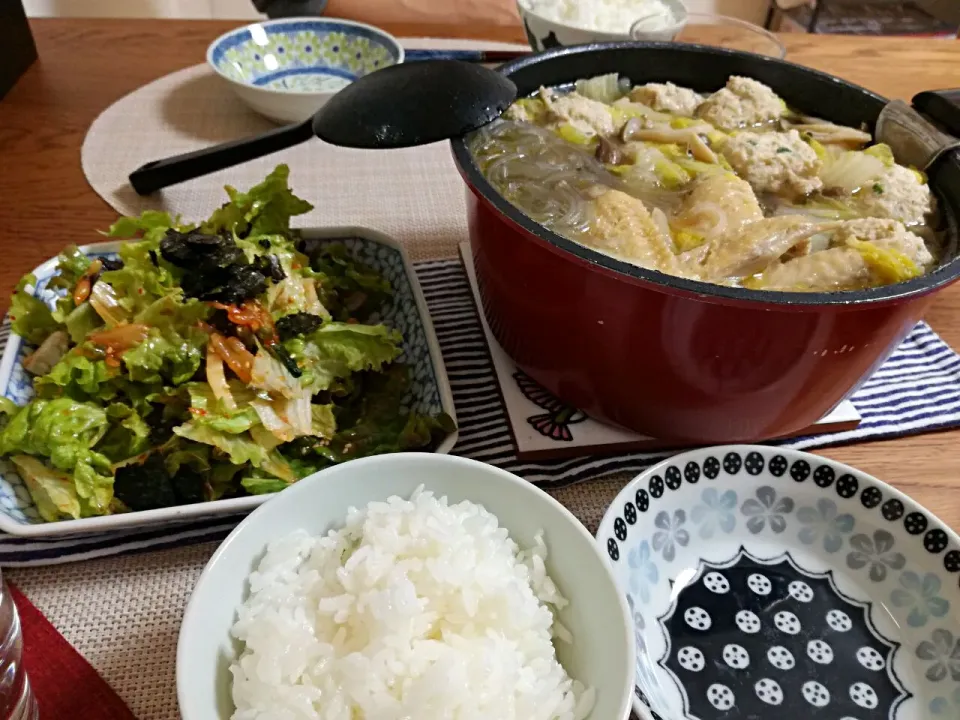 今日の夕御飯は白菜と鶏団子鍋とチョレギサラダ|こあささん