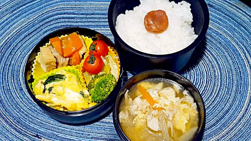 お弁当。鶏と厚揚げの煮物とキャベツサラダとほうれん草とベーコンのオムレツと具だくさん生姜スープ。|エリカさん