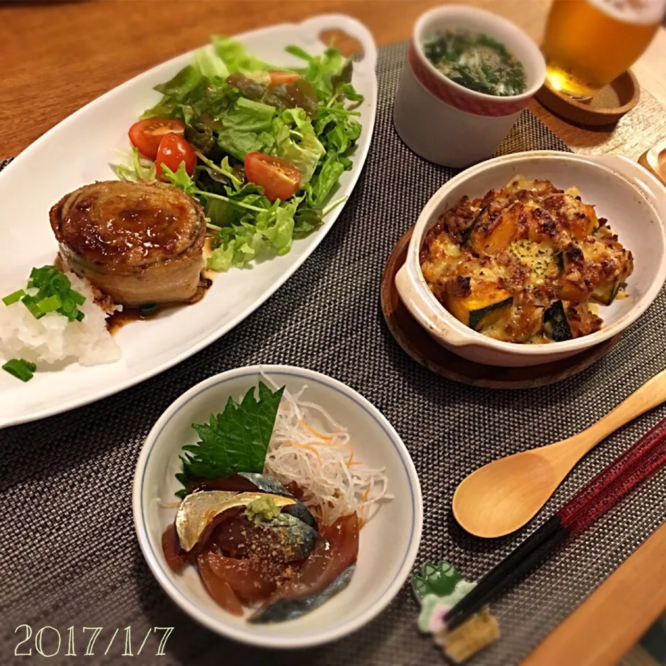 豚バラ肉と大葉のロールステーキ
ひき肉とかぼちゃのグラタン
りゅうきゅう
春雨スープ|𓇼 Ⓢ Ⓗ Ⓘ Ⓝ Ⓞ Ⓑ Ⓤ 𓇼さん