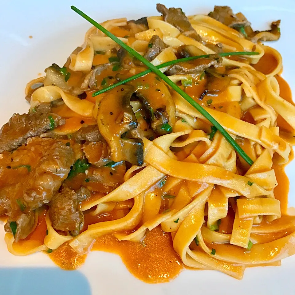 Fettuccine with beef tenderloin strips and champignon mushroom|sgさん