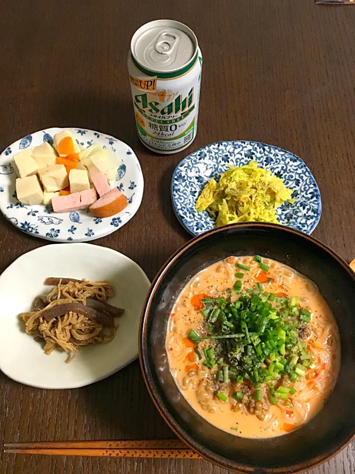 1月9日夕飯 低糖質メニュー しらたき担々麺 キャベツと鶏肉のカレーサラダ えのきとコンニャクきんぴら 高野豆腐煮物|やすこさん