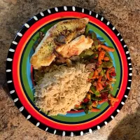 Snapdishの料理写真:Lemon Pepper Tilapia with Seasoned 
Asparagus w/carrots, peppers & mushrooms and Brown Rice|Eugene Bracyさん