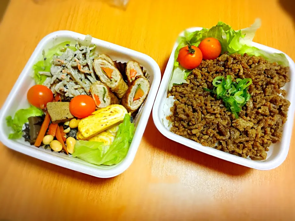 味噌そぼろ丼 
野菜の肉巻き
大豆とひじきの煮物
レンコンとごぼうサラダ
卵焼き|ななさん