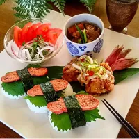 Snapdishの料理写真:いつかの焼き明太おにぎりと鯖の南蛮漬け(*^^๓)