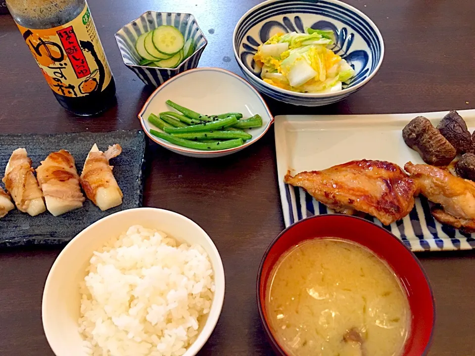 山芋の肉巻き  
インゲンのペペロンチーノ  
白菜の卵とじ
テリヤキチキン
味噌汁|NAKATAさん