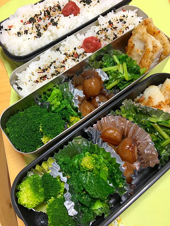 白身魚のパン粉焼き なばなの辛子和え 大根菜炒め 玉コンニャク ブロッコリー弁当。|Kumiko Kimuraさん