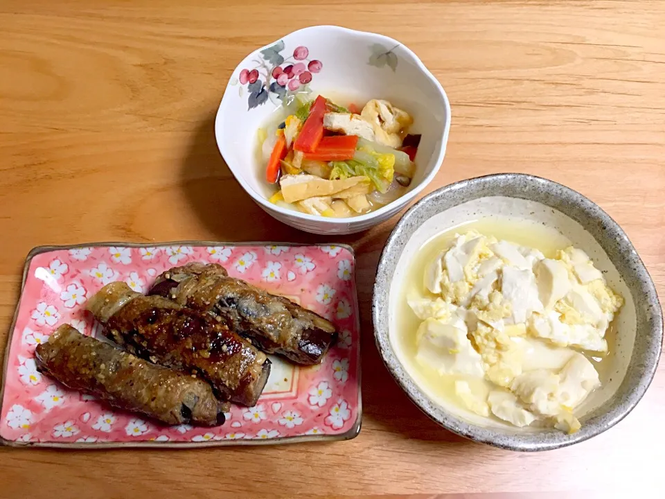 茄子の肉味噌巻き⭐️白菜とお揚げの煮浸し⭐️豆腐の卵とじ|ほなさん