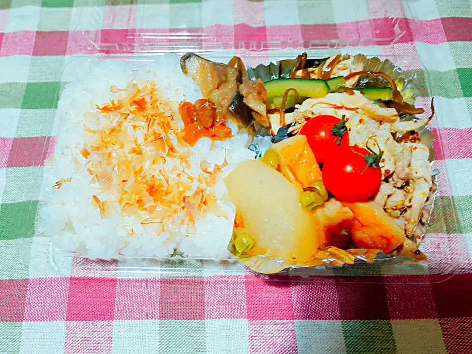 お弁当。大根とさつま揚げの煮物とキュウリと鶏の塩昆布あえと豚のマスタード炒め。お弁当箱忘れたらしい。それあかんやつ。絶対。|エリカさん