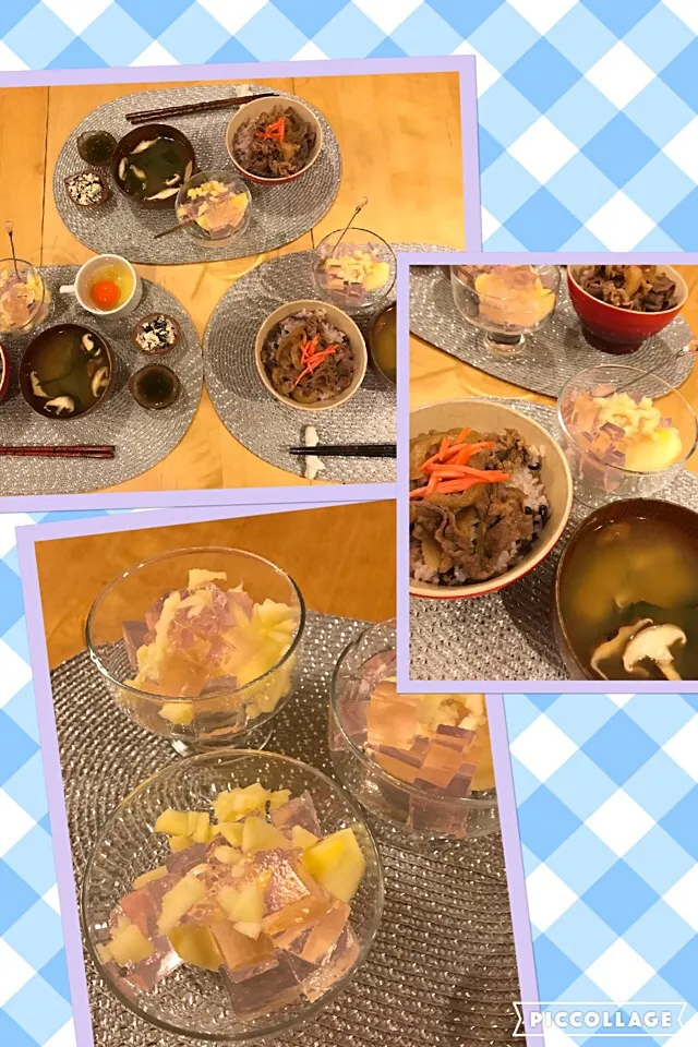 Today's dinner.
Beef bowl, salada dressed with Tofu
and peach jelly.
Jelly is made by daughter.|norina & Co.さん