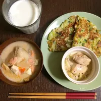 1月12日朝ごはん 豆腐とキャベツのお好み焼き チキンクリーム煮 粕汁|やすこさん