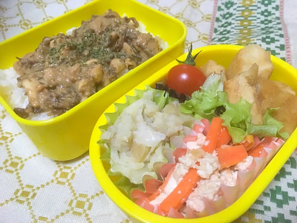 お弁当★高野豆腐の唐揚げ、じゃがマッシュサラダ、にんじんの白和え、切り干し大根のまぜカレー|ハルさん