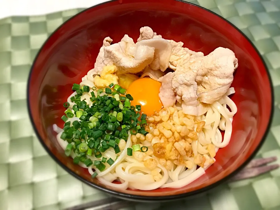 釜玉肉うどん|sankakuさん