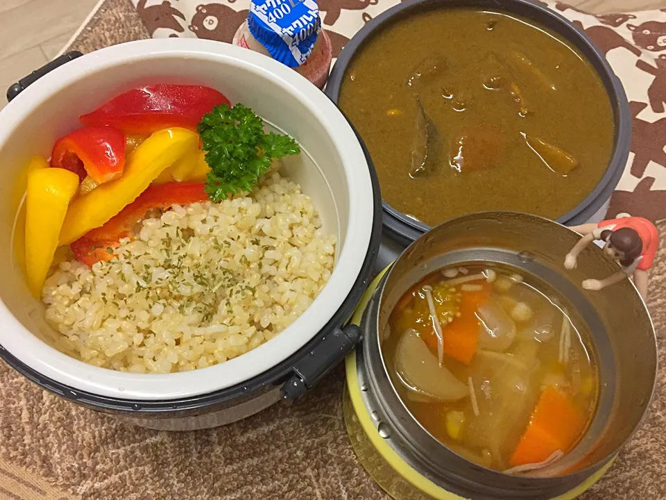 玄米ご飯&あわび茸入りポークカレー&野菜とキノコのデトックススープ&みかん🍊の自分お弁当♪

#フチ子 #弁当 #みかん撮り忘れたけどちゃんと持ったよ|桃実さん