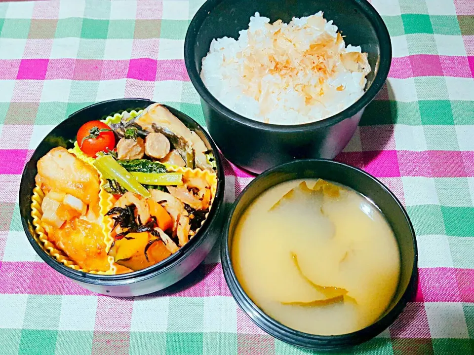 お弁当。鶏の葱甘辛炒めとひじきと白身の煮付けとウインナーほうれん草とお味噌汁。|エリカさん