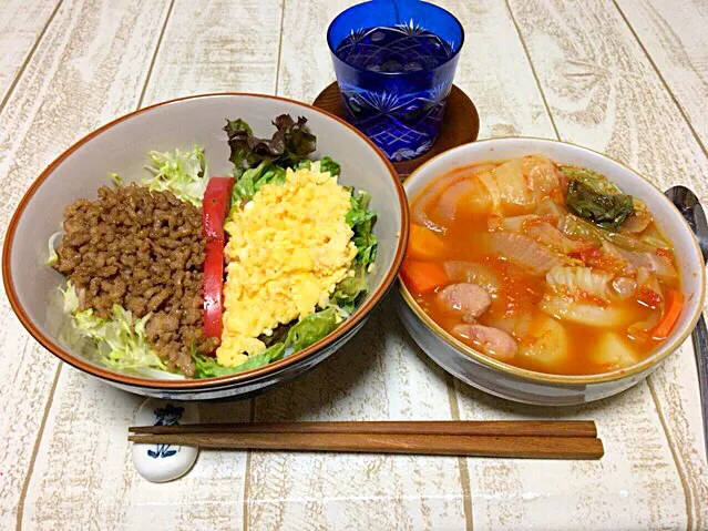 今日の男飯(＞人＜;)晩ごはんバージョン♬
ラブ注入 鶏そぼろ丼リベンジバージョン♬
自作トマトソースで作りました

ミネストローネ風♬|ひーちゃんさん