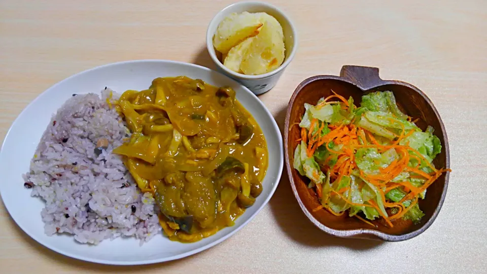 １月１２日曜　茄子ときのこのツナカレー　サラダ　じゃがいものカリカリ焼き|いもこ。さん