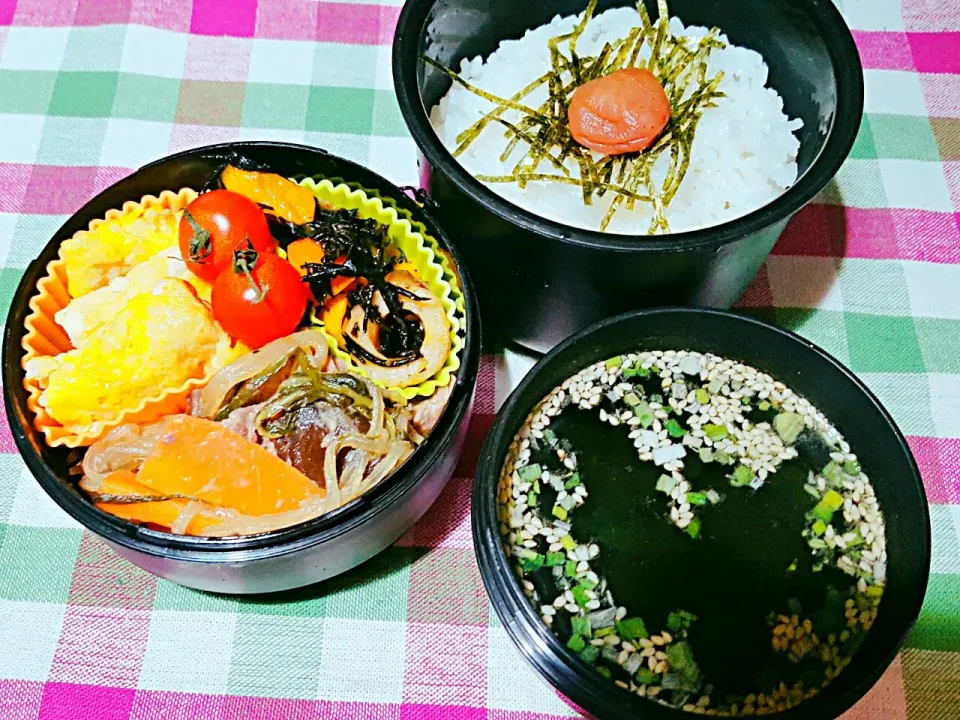 Snapdishの料理写真:お弁当。ひじきととだし巻き卵と牛春雨とワカメスープ。|エリカさん