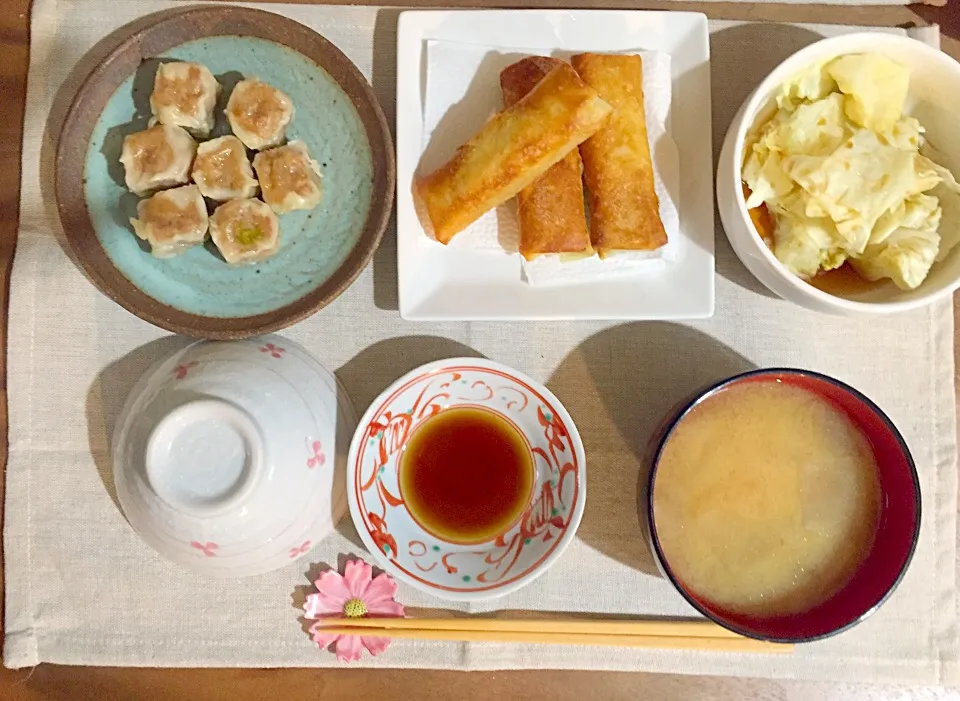 Snapdishの料理写真:頂き物のシューマイ、春巻、茹でキャベツポン酢がけ|せさん