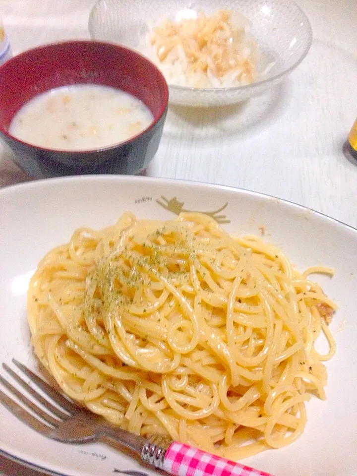 明太子カルボナーラ、ポテトスープ、大根サラダ#オーマイ|あやにん食堂さん