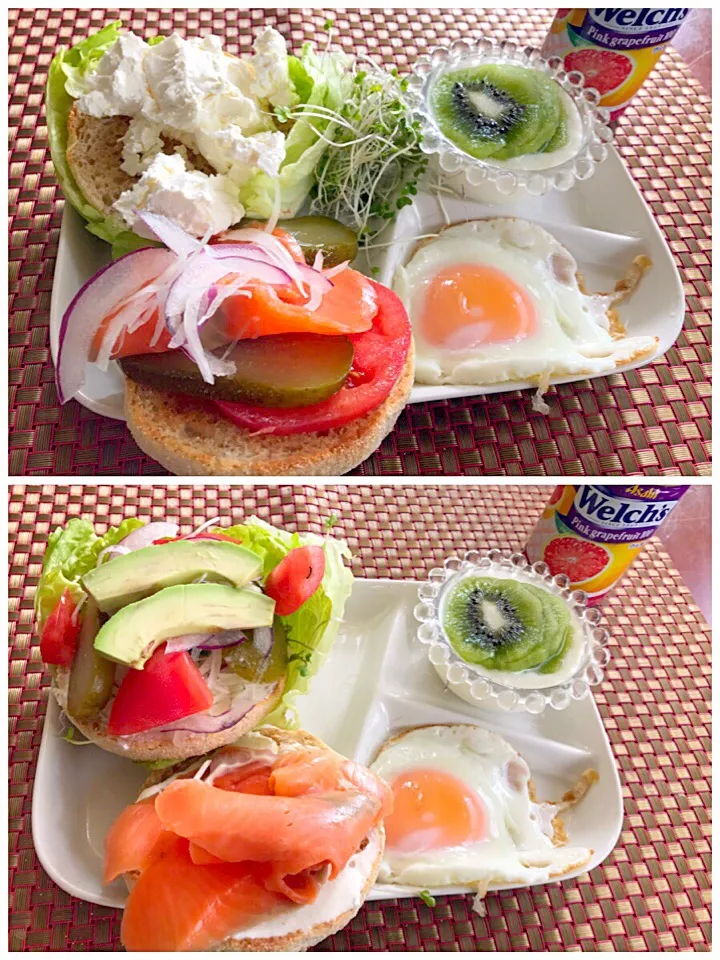 Snapdishの料理写真:Cream Cheese,smoked salmon&Veggie muffin🍳ｸﾘｰﾑﾁｰｽﾞ山盛りﾍﾞｼﾞｰｽﾓｰｸｻｰﾓﾝﾏﾌｨﾝｻﾝﾄﾞ|🌈Ami🍻さん