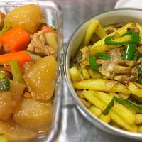 Snapdishの料理写真:鶏と大根の煮物&豚とジャガイモのカレー炒め|Tomomiさん