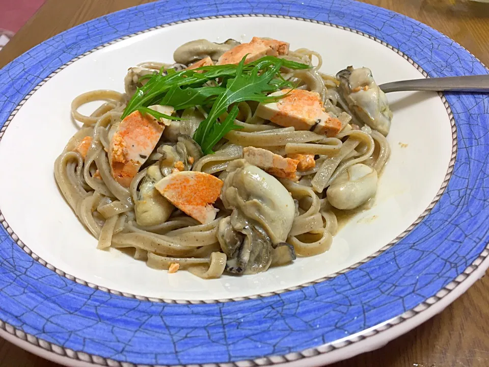 牡蠣とあん肝の蕎麦粉パスタ🍝|wildcat山猫さん