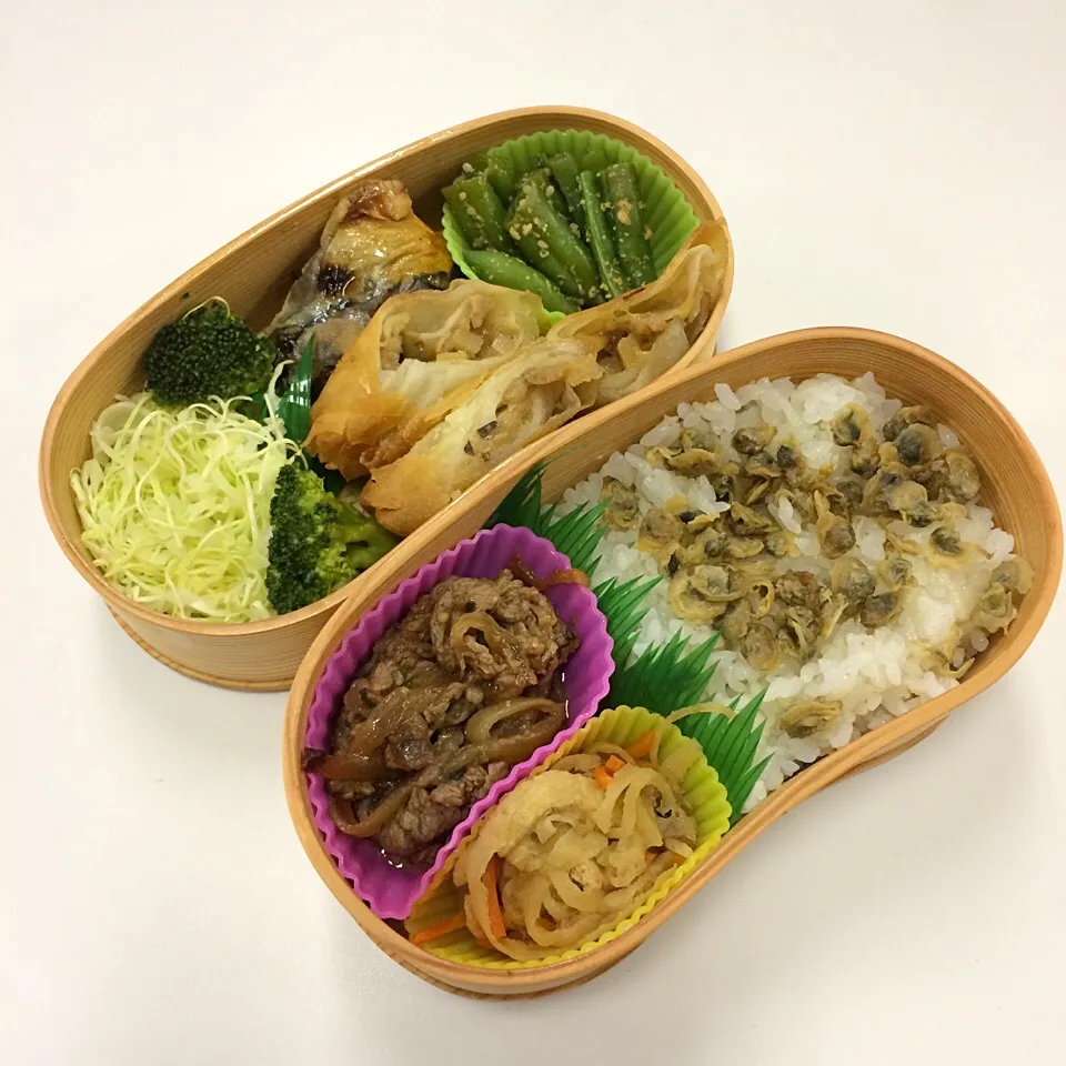 弁当（しじみご飯、焼肉、切り干し大根、春巻き、鯖西京焼、いんげん胡麻和え、サラダ）|SasaMasa213さん