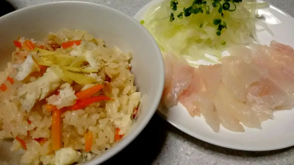 ヒラメの炊き込みご飯にヒラメの刺身|あまねさん