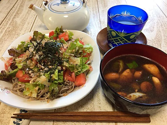 今日の男飯(＞人＜;)お昼ごはんバージョン♬
鳥南蛮冷やし蕎麦withサラダアレンジ♬|ひーちゃんさん