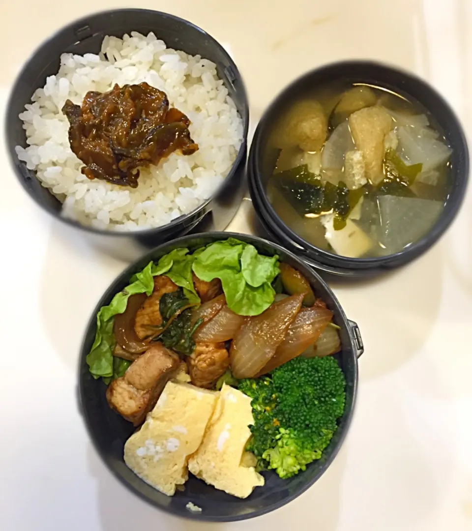 #ポークソテー弁当 #レンジで作る卵焼き#舞茸と大根のお味噌汁#辛子椎茸の佃煮ごはん|アンジーさん