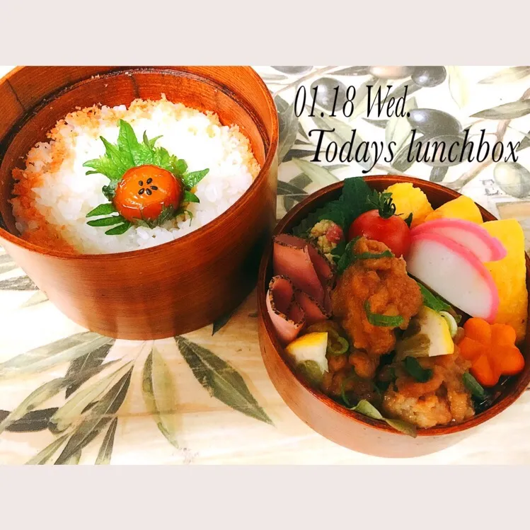 Snapdishの料理写真:鶏唐揚げのおろし煮と卵黄の醤油漬けご飯弁当♡ #お弁当#弁当#愛妻弁当#旦那弁当#鶏の唐揚げ#からあげ#わっぱ弁当#曲げわっぱ#卵かけご飯|mikiteeee52さん