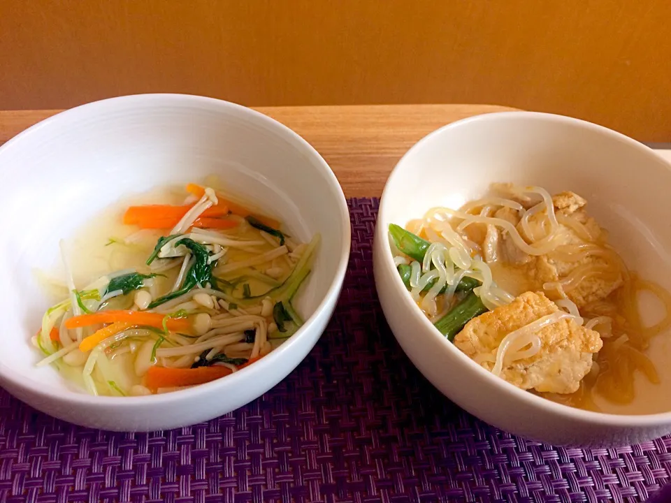 えのき、人参、水菜をボイルして梅酢味
厚揚げ、白滝、豚バラの炒め煮。味噌と胡麻油で味付け。|ささきさん