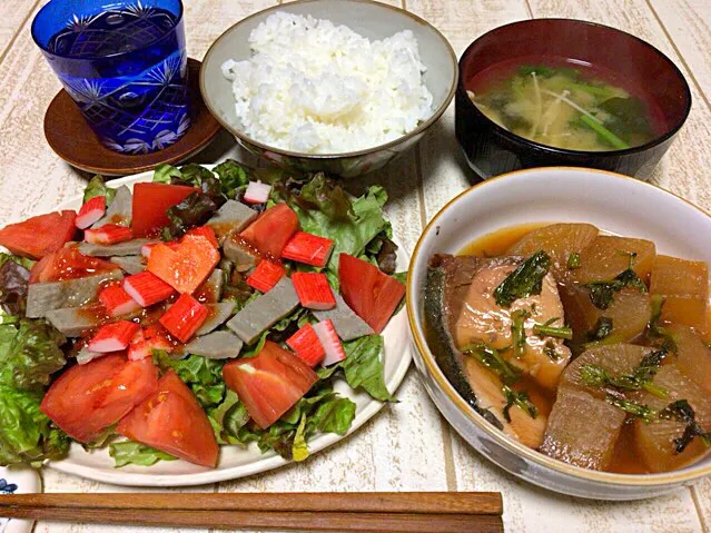 今日の男飯(＞人＜;)晩ごはんバージョン♬
静岡黒はんぺんのヘルシーサラダand大根の煮物and大根葉とエノキとワカメの味噌汁andごはん♬|ひーちゃんさん