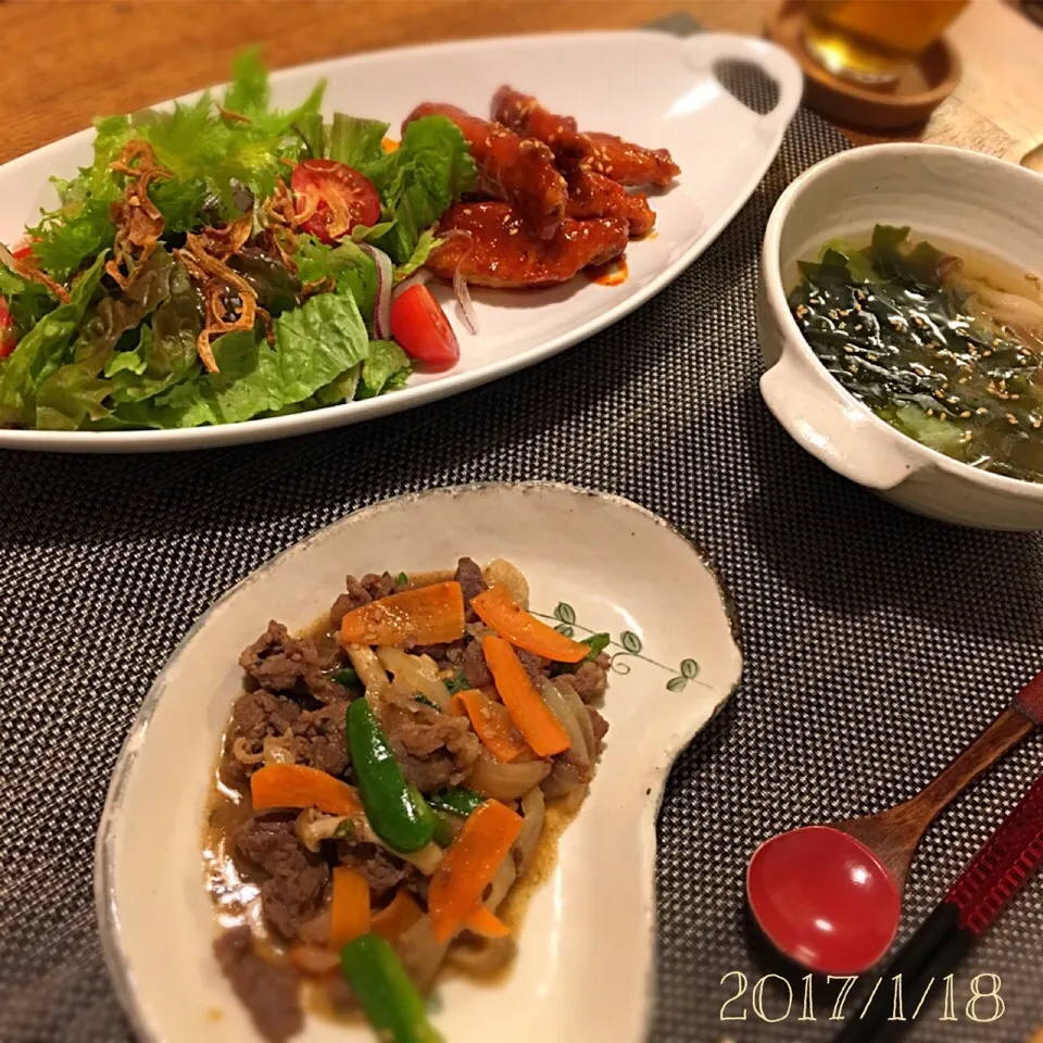 Snapdishの料理写真:ヤンニョムチキン／手羽中
プルコギ
韓国風わかめスープ|𓇼 Ⓢ Ⓗ Ⓘ Ⓝ Ⓞ Ⓑ Ⓤ 𓇼さん