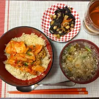 健康食！納豆キムチ丼、ひじき、雑穀スープ|ぱららさん