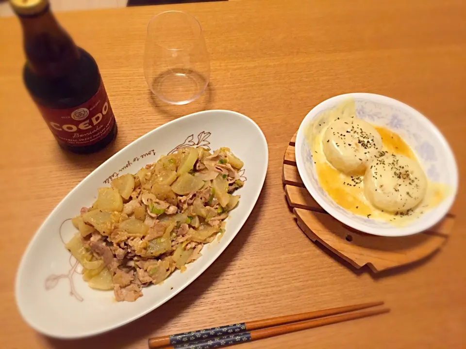 大根と豚肉ののマヨネーズオイスター炒め & 大根チーズステーキ with COEDOビール|mayさん