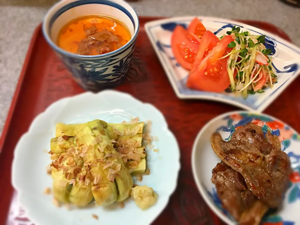 1.18おつまみ。焼き茄子、梅のあんかけ茶碗蒸し…|こぼるさん