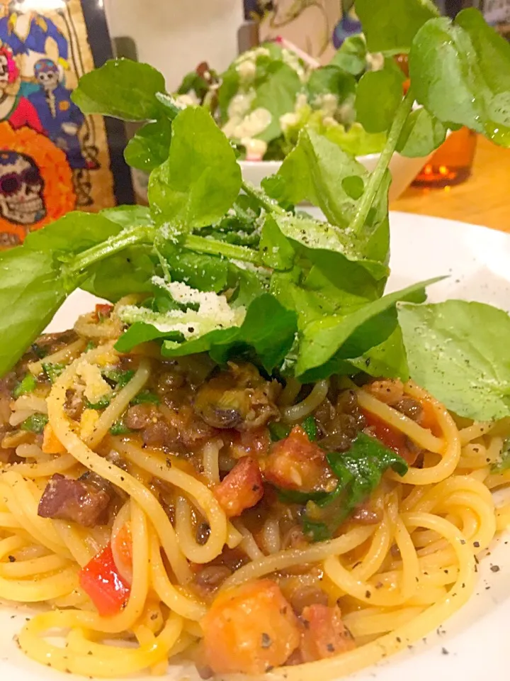 ベーコンとクレソンのレンズ豆ソーススパゲッティ|抱大飯店さん