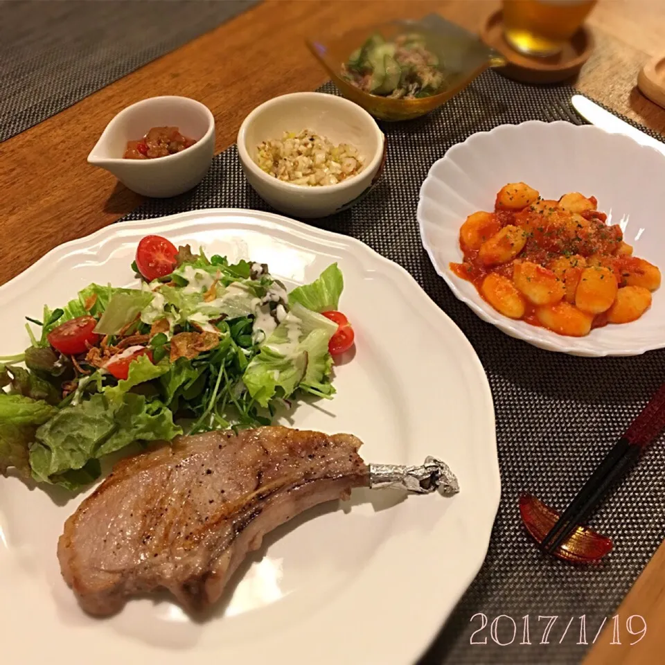 Snapdishの料理写真:ポークソテー／ネギ塩だれ ニョッキ きゅうりとさば水煮缶の酢のもの|𓇼 Ⓢ Ⓗ Ⓘ Ⓝ Ⓞ Ⓑ Ⓤ 𓇼さん