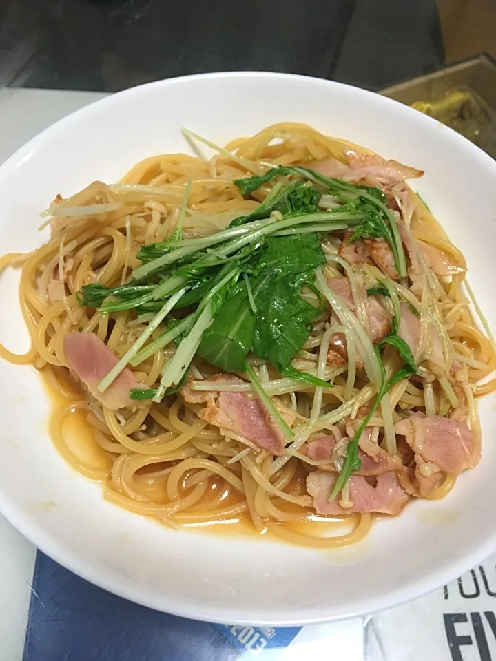 水菜でサッパリ柚子ぽんパスタ|AyuChさん