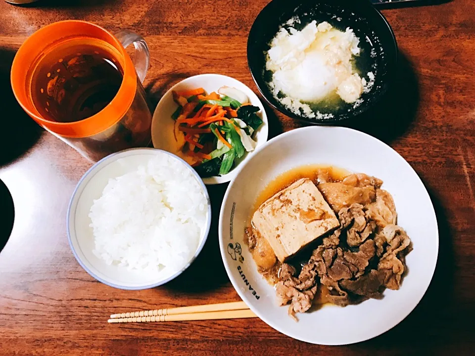 すき焼き風 にんじんと小松菜と竹輪のお浸し ご飯 卵とじ味噌汁|さえさん